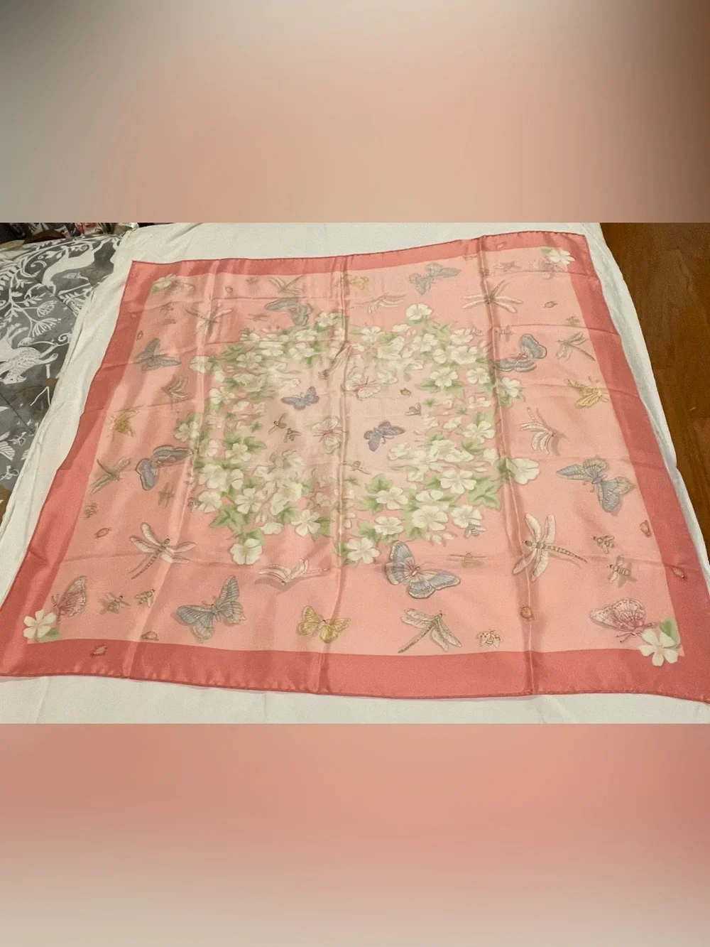 Beautiful scarf - Butterflies, dragonflies, & florals on a pink background